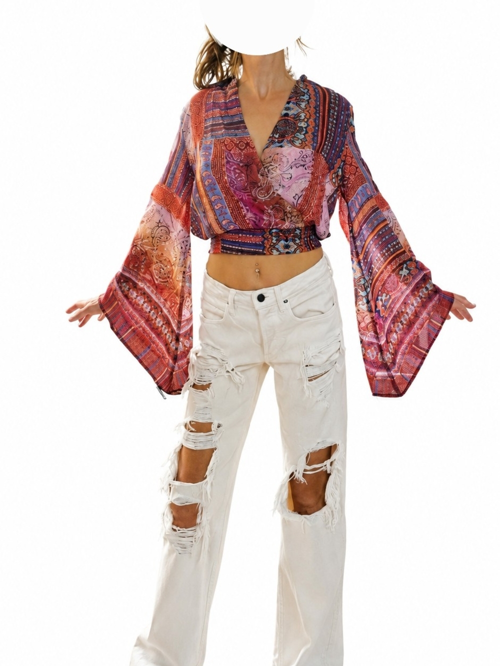 VENUS Multi-Color Boho Wrap Crop Top with Bell Sleeves